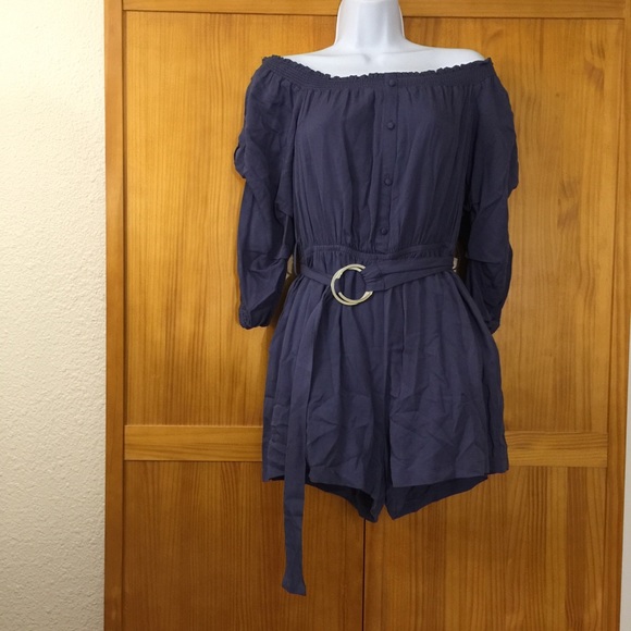 New Dusty Blue Off the Shoulder Belted Romper - Picture 4 of 6